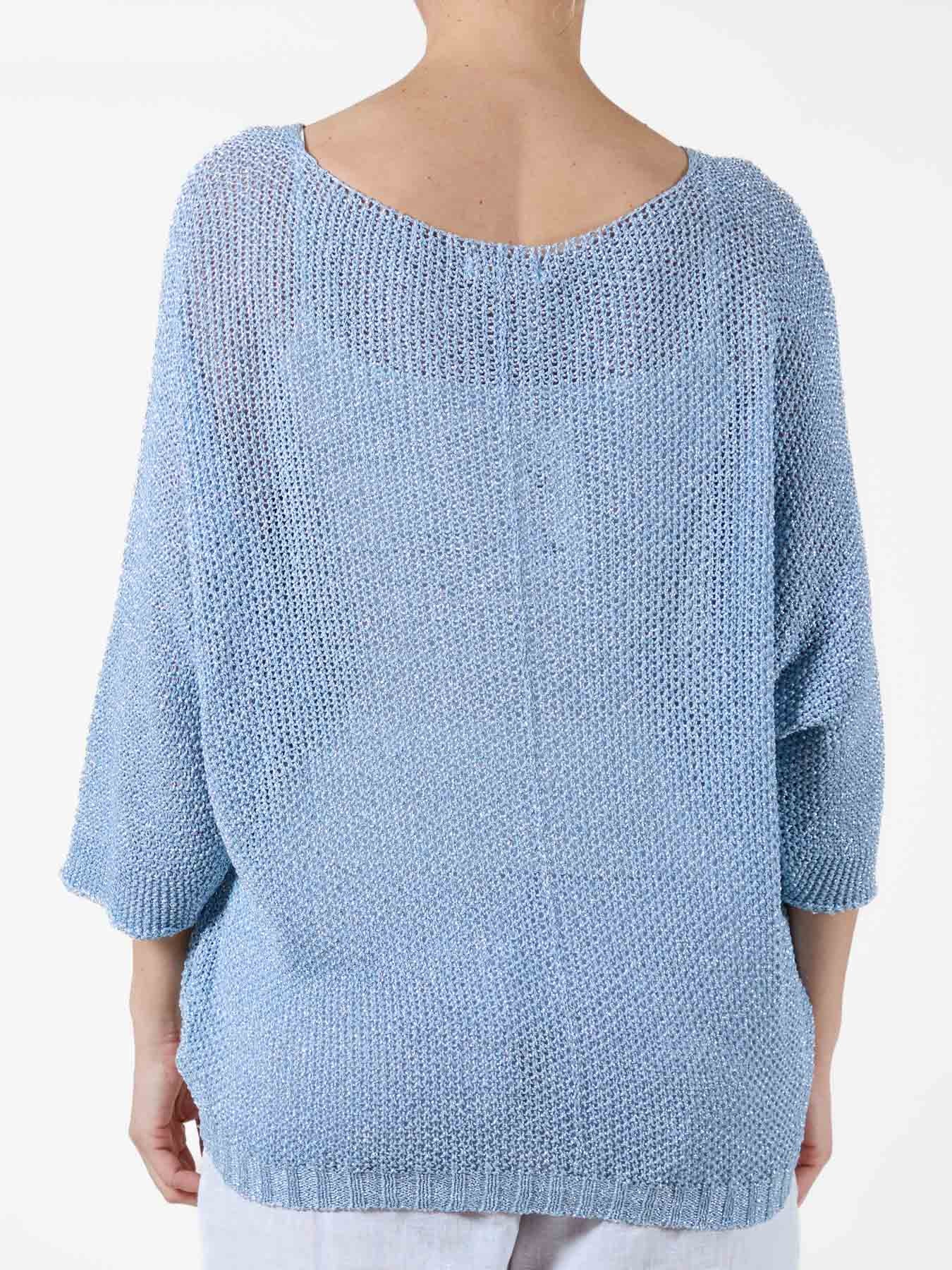 Blue Lurex Pull-On Sweater with 3/4 Sleeves