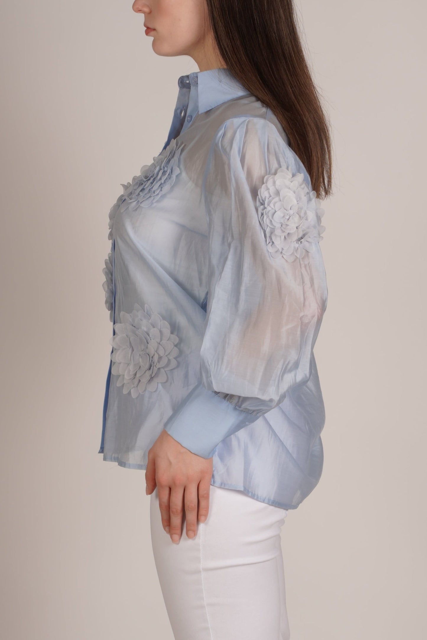 Sky Blue Button-Up Blouse with Fabric Flower Detailing