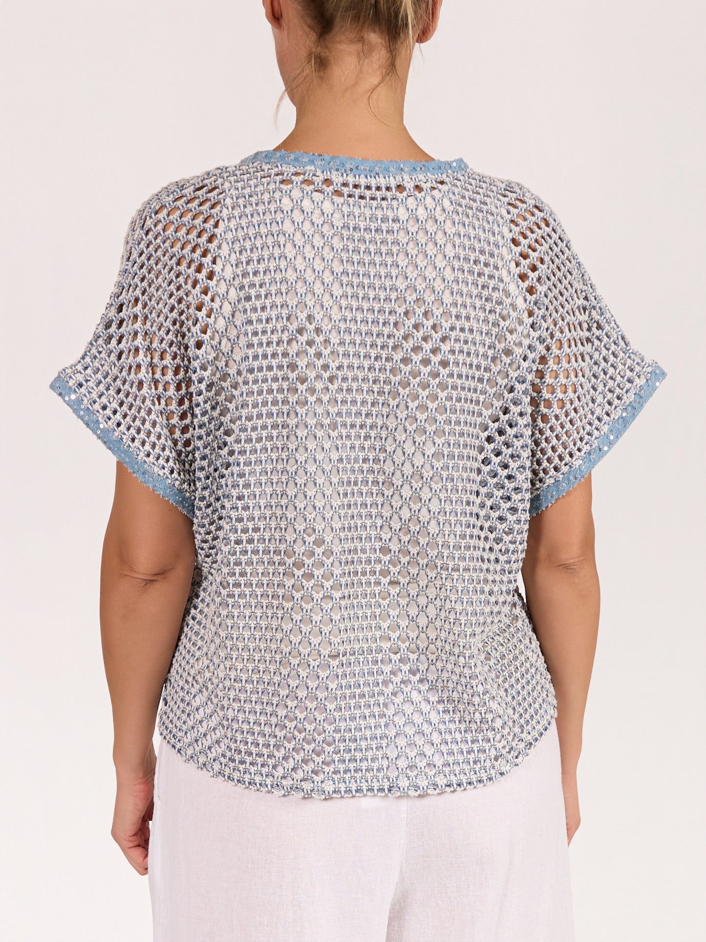 Blue Drop Shoulder Crochet V Neck Top