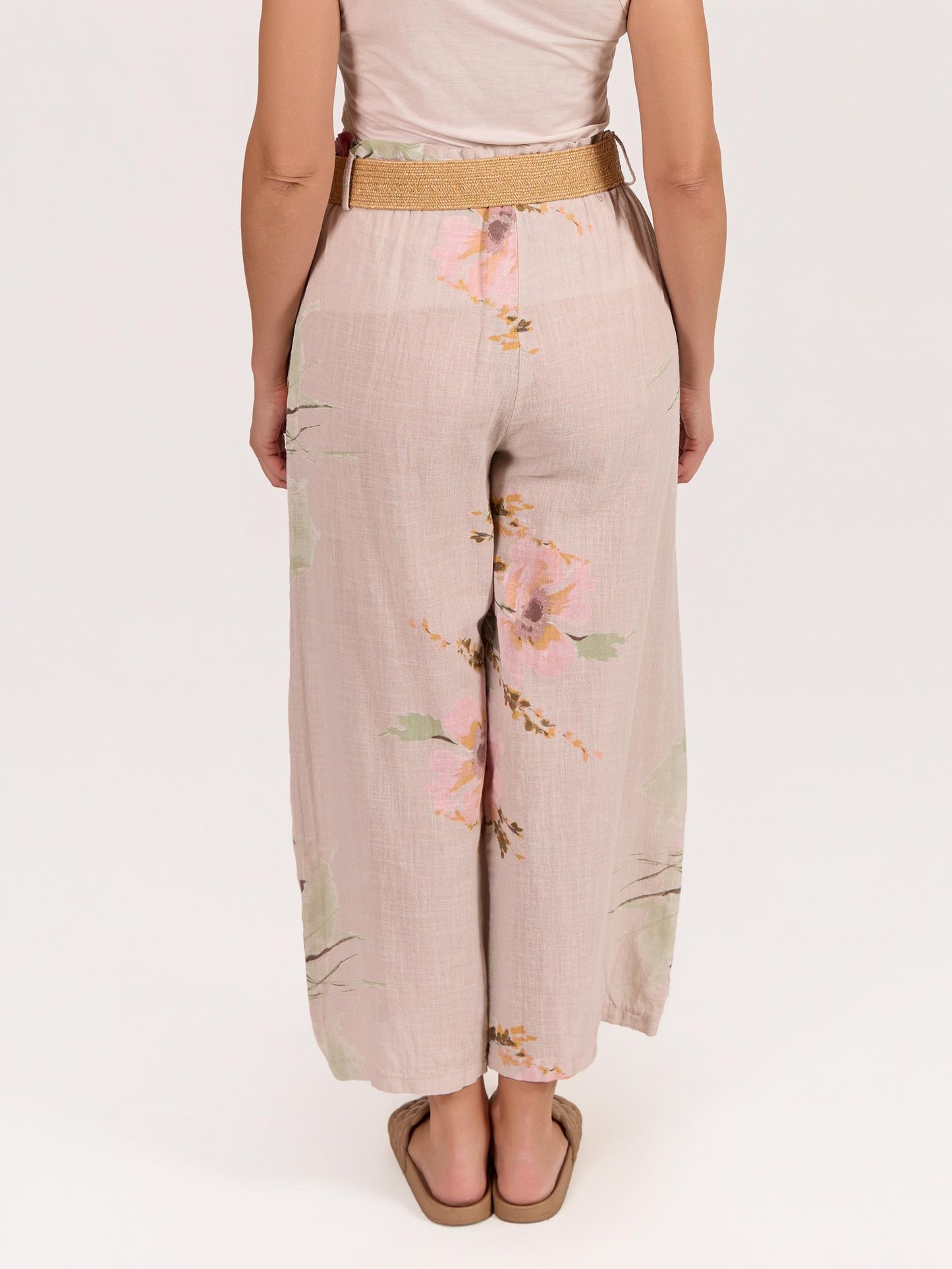 Beige Pull on Drawstring Floral Pant