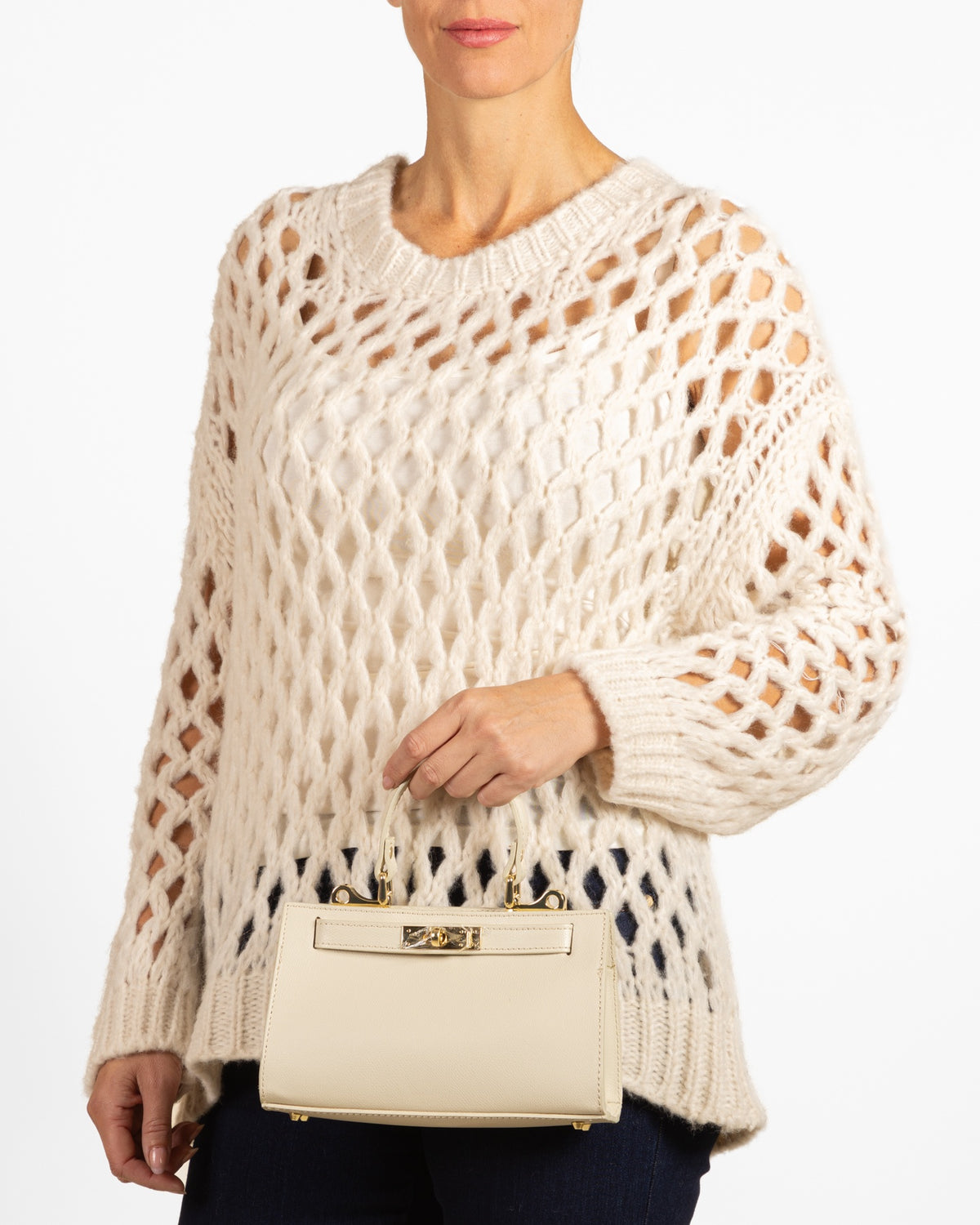 Snow Drop Shoulder Scoop Neck Open Diamond Weave Sweater
