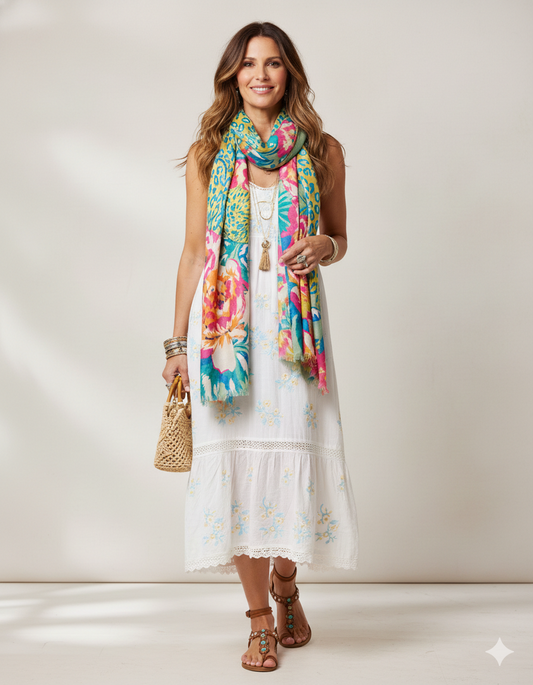 Green Vibrant Cheetah and Floral Printed Oversized Scarf