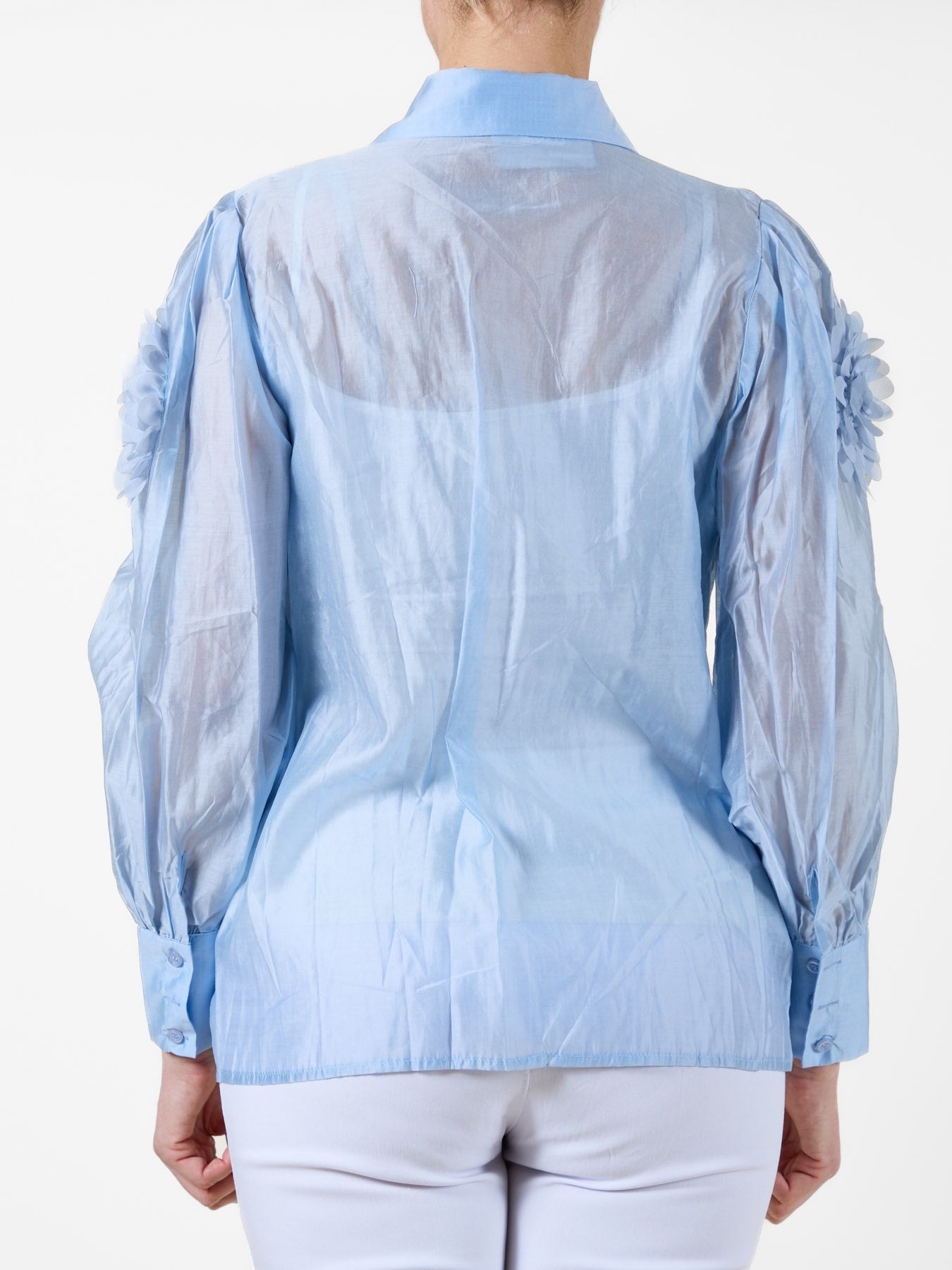 Sky Blue Button-Up Blouse with Fabric Flower Detailing