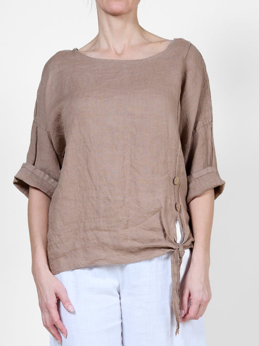 Mocha Mousse Short Sleeve Top with Side Tie Detail