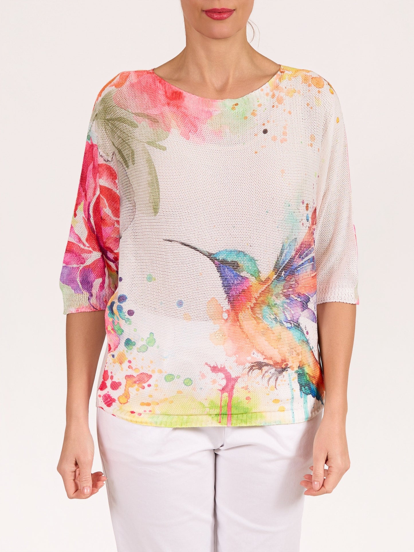 White Boat Neck Elbow Sleeve Hummingbird Pullover