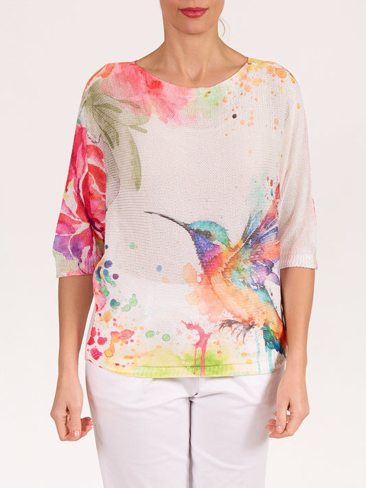 White Boat Neck Elbow Sleeve Hummingbird Pullover