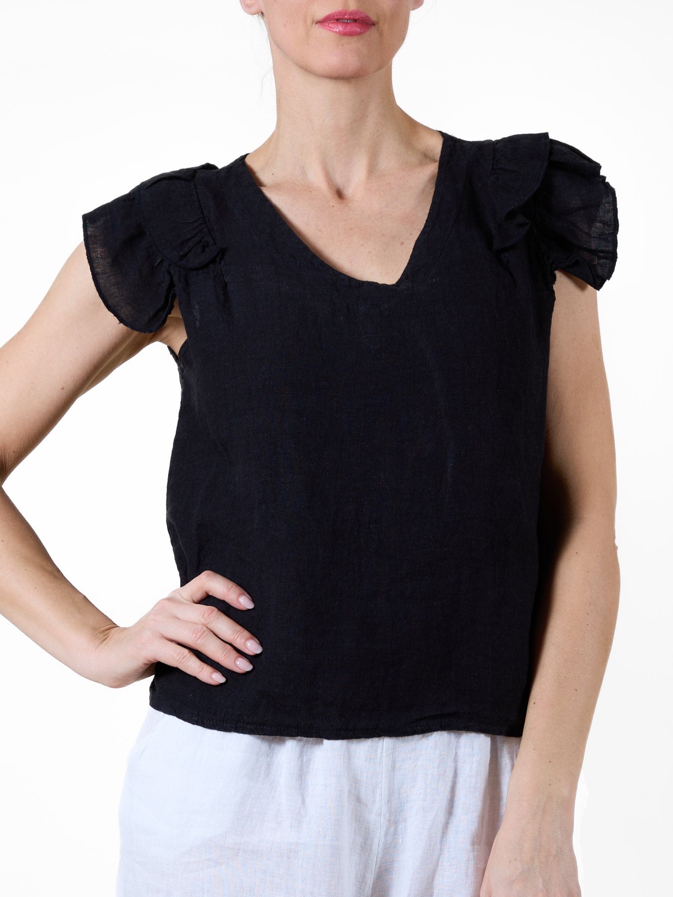 Blouse à manches courtes noir avec manches à volants