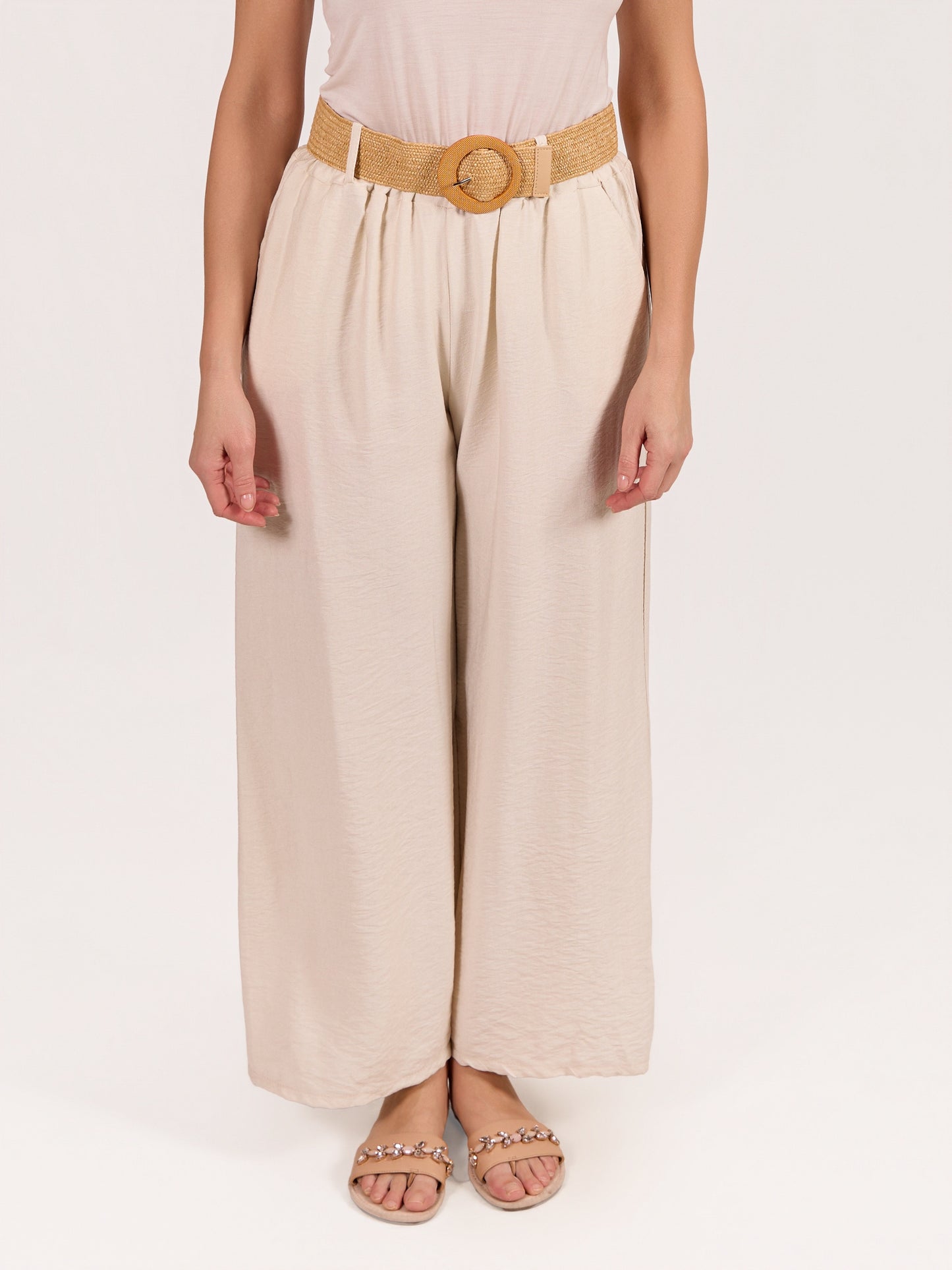 Pantalon Ivoire à Taille Élastique avec Ceinture et 2 Poches