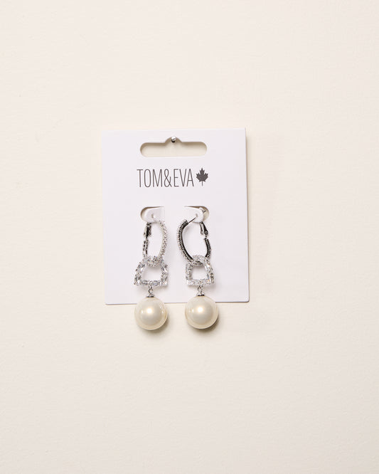 Silver Rhinestone Heart Interlocking Pearly Earrings
