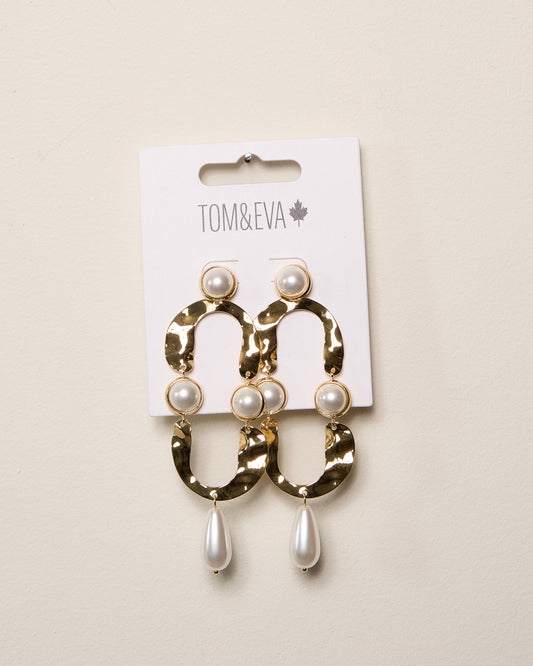 Gold Textured Metal and Pearly Teardrop Dangle Earrings