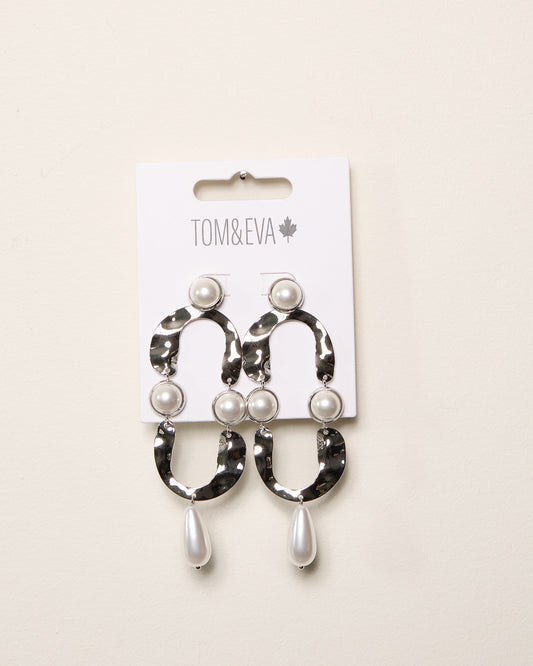 Silver Textured Metal and Pearly Teardrop Dangle Earrings
