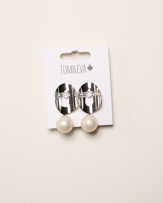 Silver Oval and Pearl Abstract Earring
