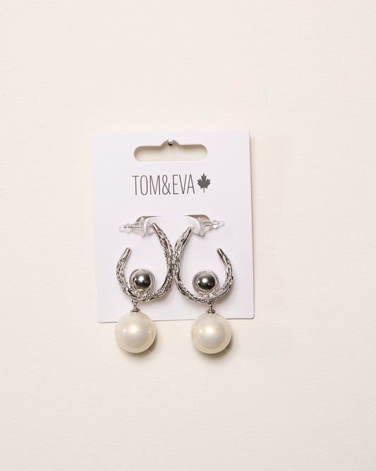 Silver and Pearl Ball Semi-Hoop Natural Earring