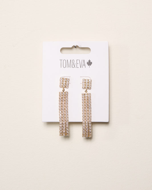 Gold Square Dangle Rhinestone Earrings