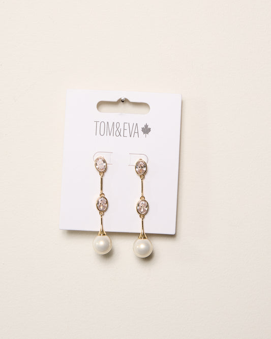 Gold Rhinestone and Pearl Ball Stacked Dangle Earring
