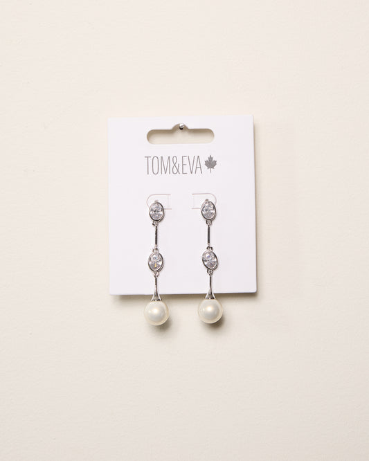 Silver Rhinestone and Pearl Ball Stacked Dangle Earring