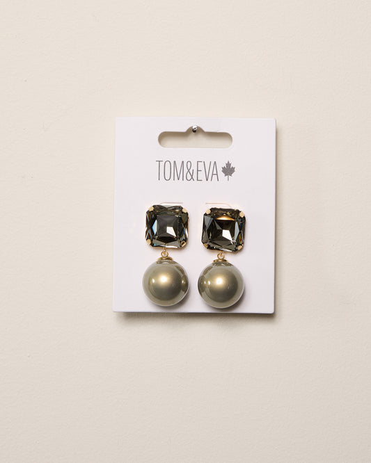 Black Large Square Gemstone with Pearly Dangle Earring
