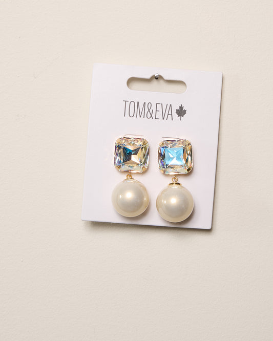 White Large Square Gemstone with Pearly Dangle Earring