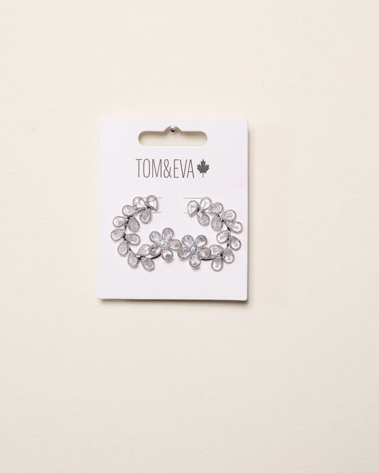 Silver Semi-Circle Rhinestone Flower Vine Earring