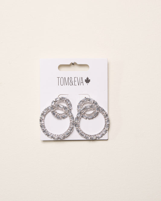 Silver Double Stack Circle Rhinestone Bling Earring