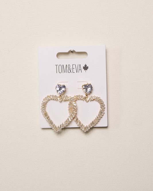 Gold Large Heart Dangle with Large Rhinestone Earring