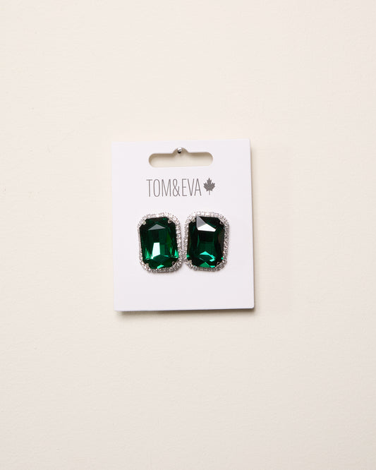 Green Large Gemstone with Diamond Border Earring