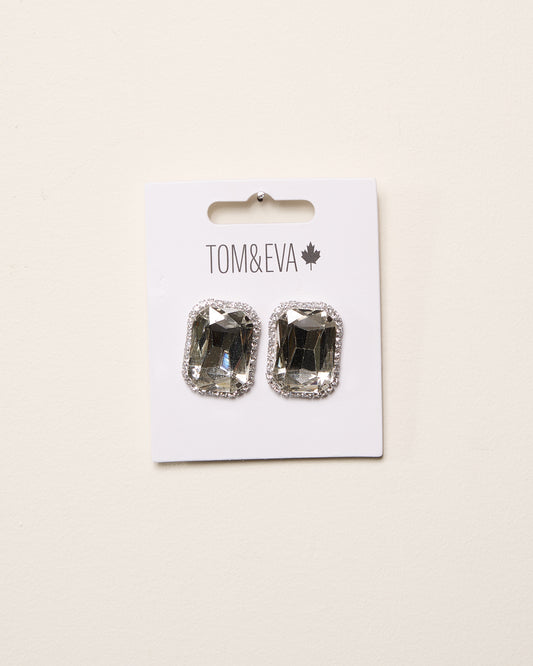 Silver Large Gemstone with Diamond Border Earring