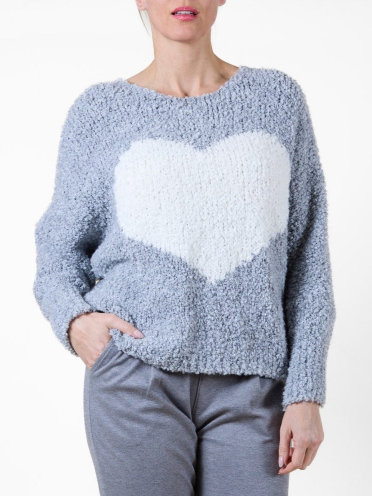 Grey Scoop Neck Big Heart Chenille Sweater