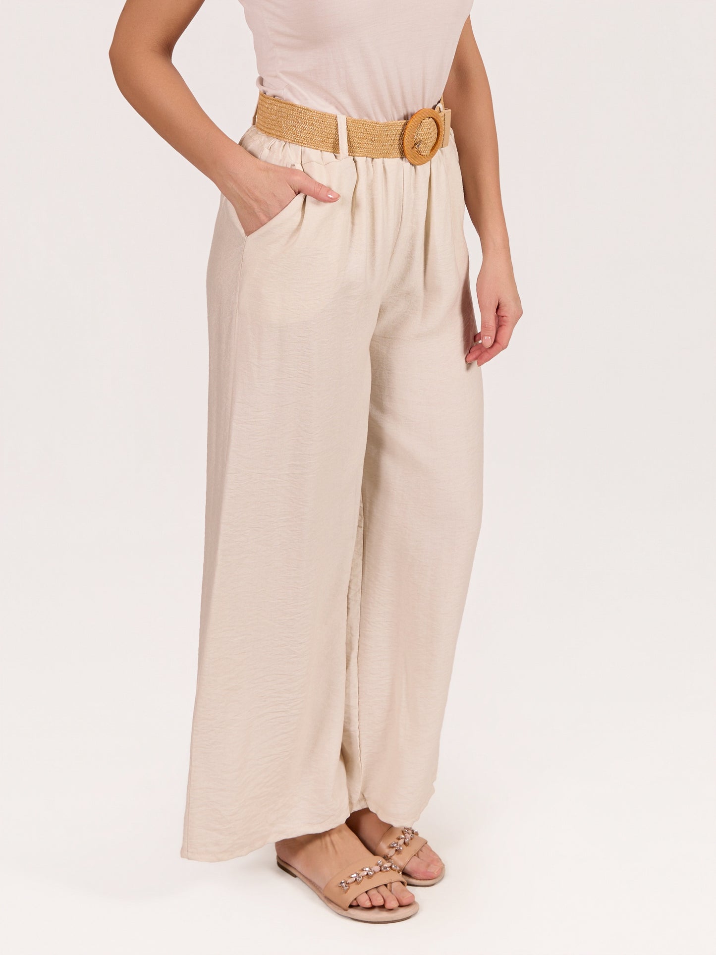 Pantalon Ivoire à Taille Élastique avec Ceinture et 2 Poches