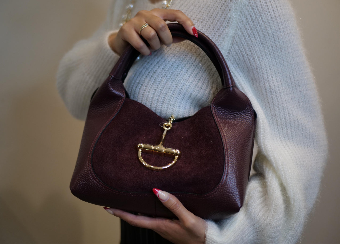 Burgundy Leather Suede Handbag with Gold Detail