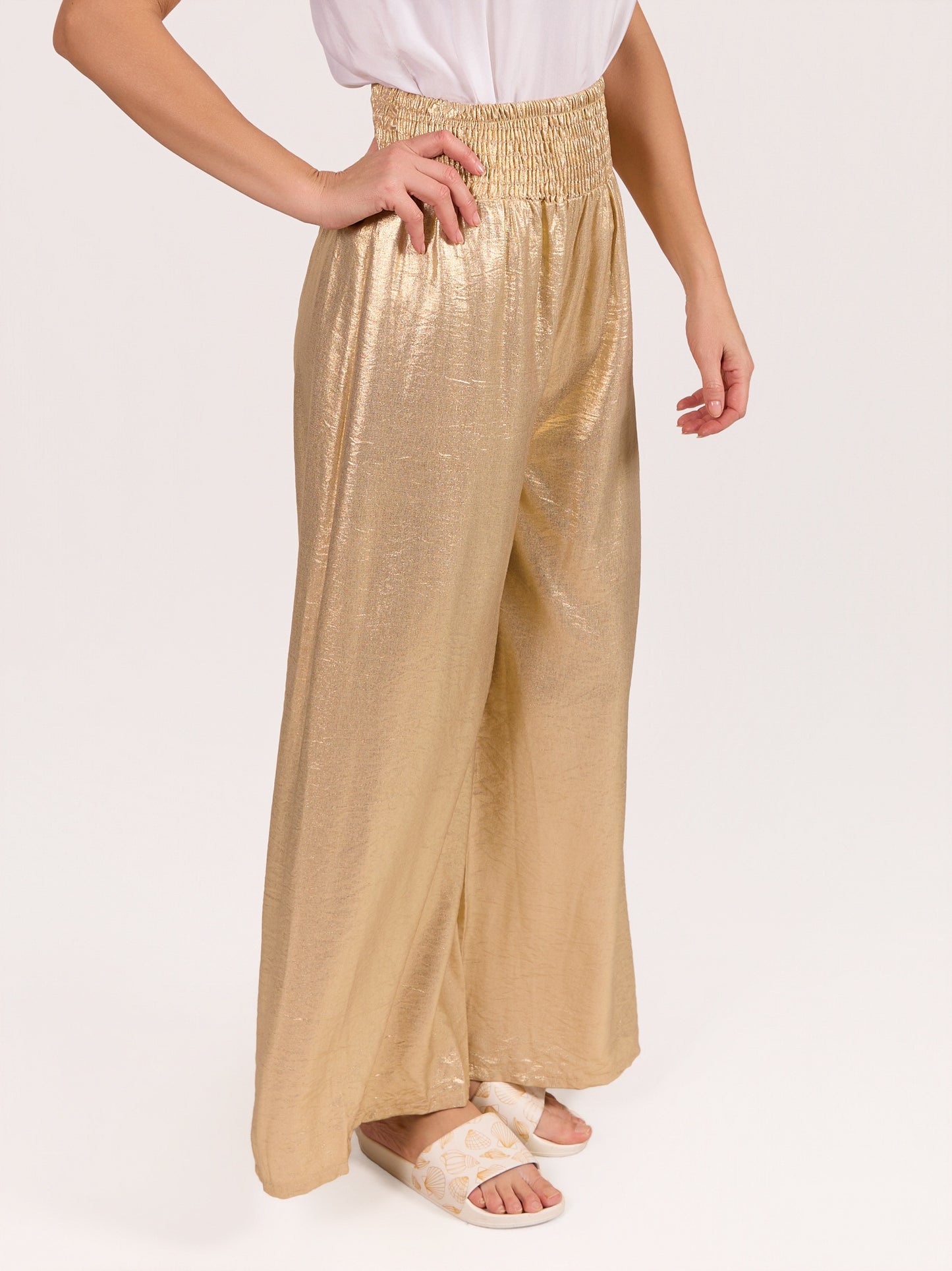 Gold Pull On Ruched Foil Pant