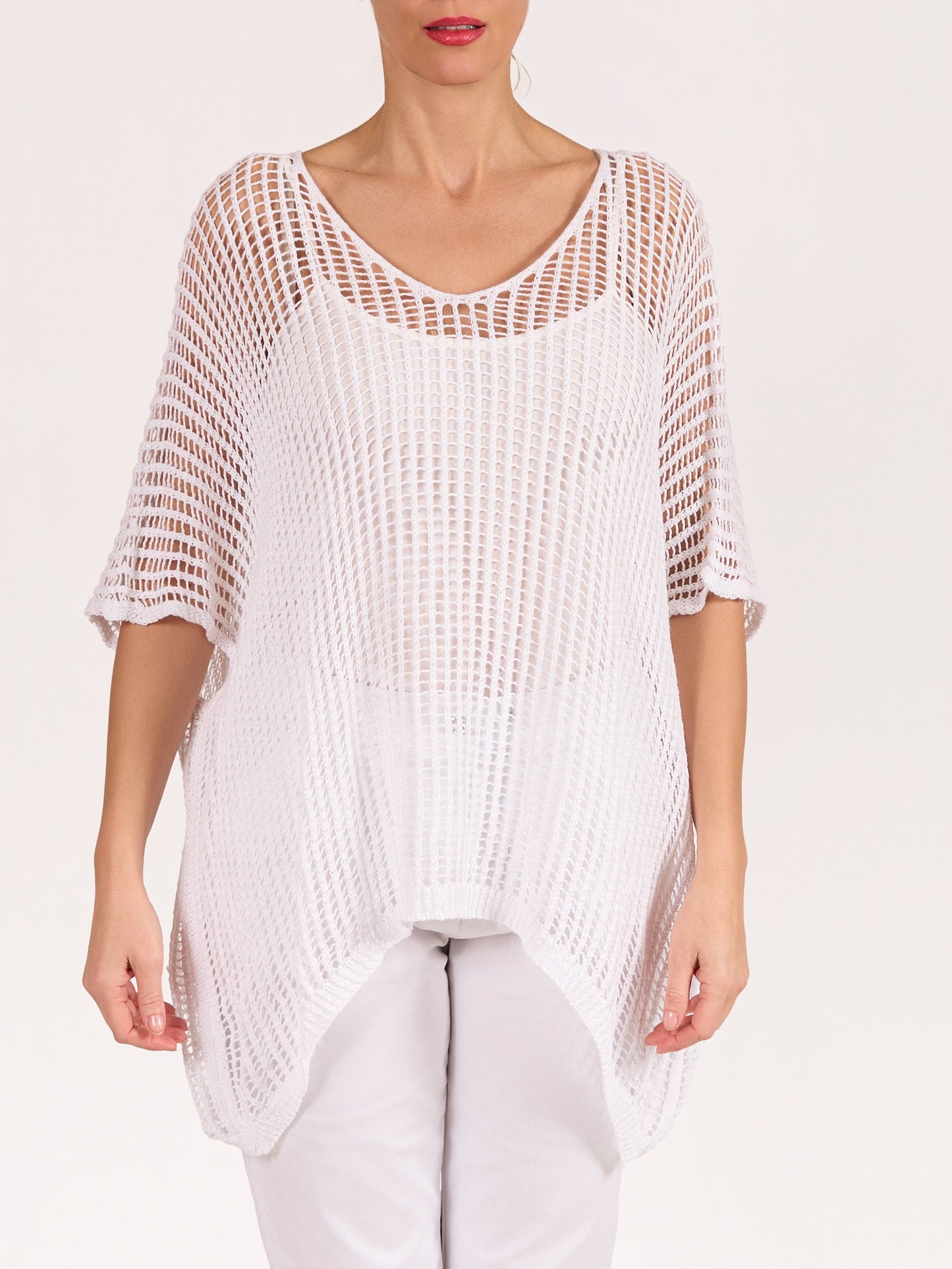 White Drop Shoulder Mesh Overlay Top