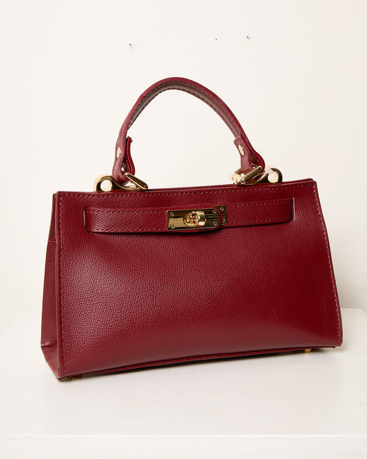 Wine Leather Handbag with Gold Hardware
