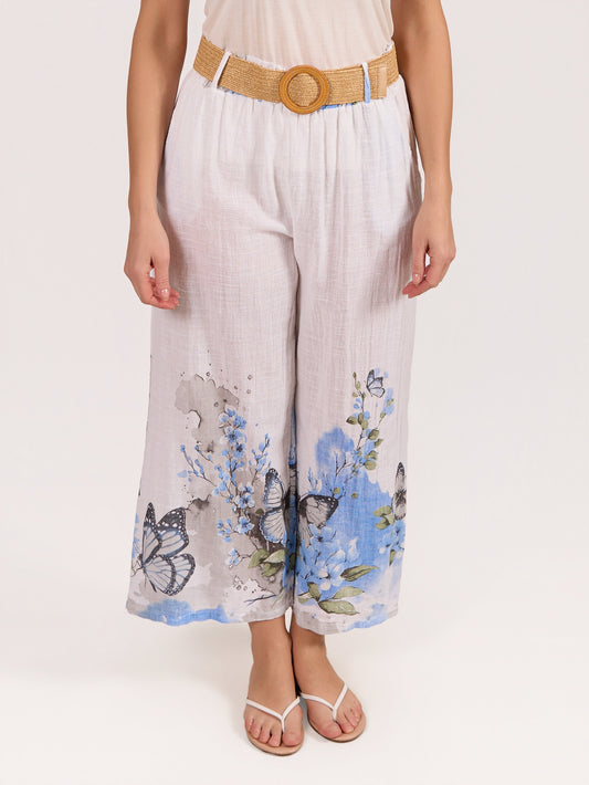 White Pull on Belted Butterfly Border Print Pant