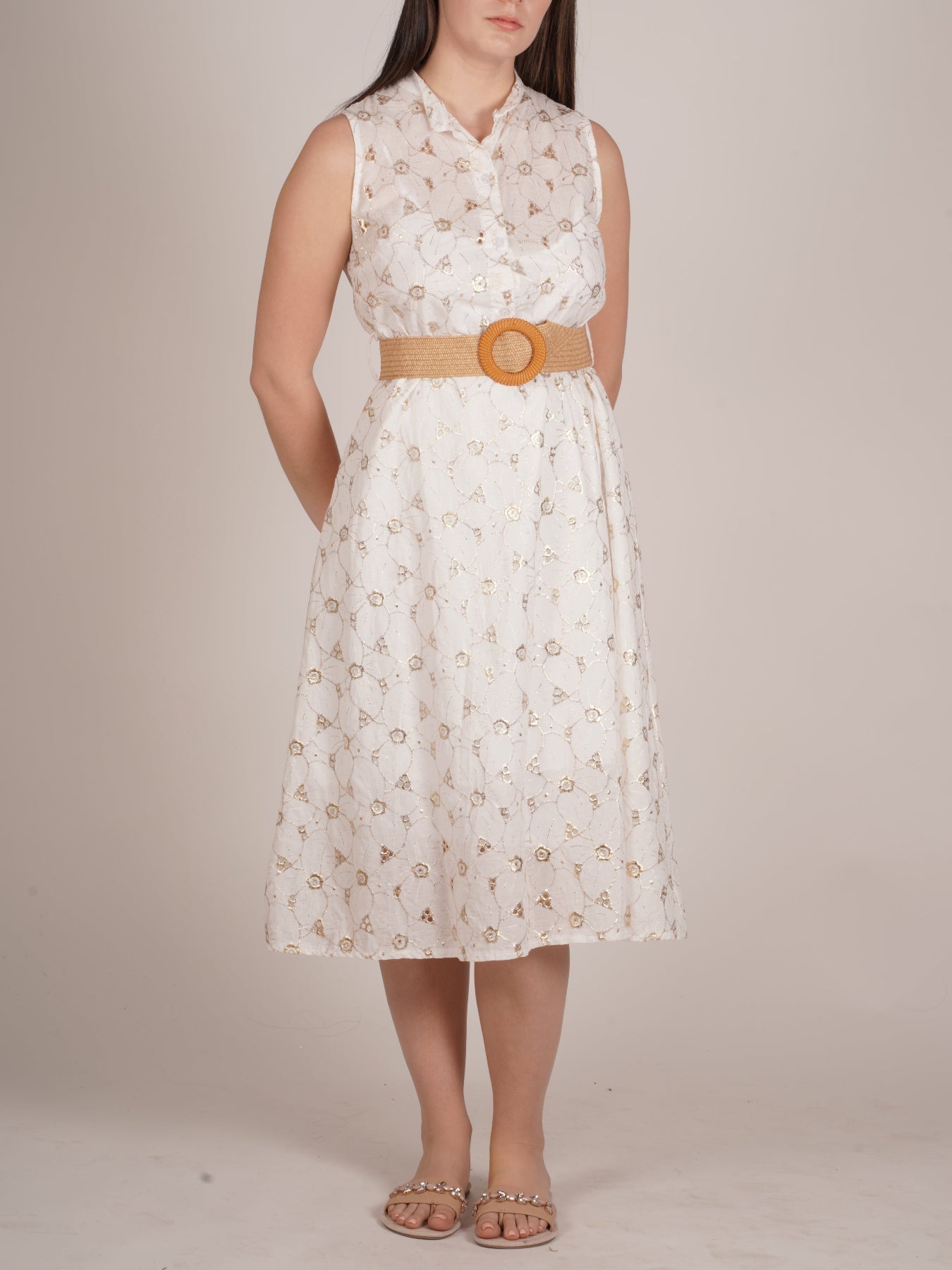 White Dress with All-Over Gold Embroidered Design