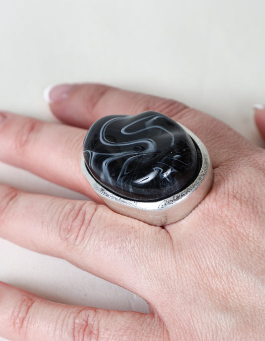 Bold Statement Ring with Swirled Stone in Black & Silver