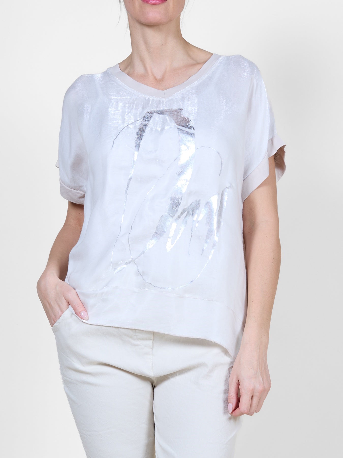 Beige Drop Shoulder Combo Knit Shimmer Top
