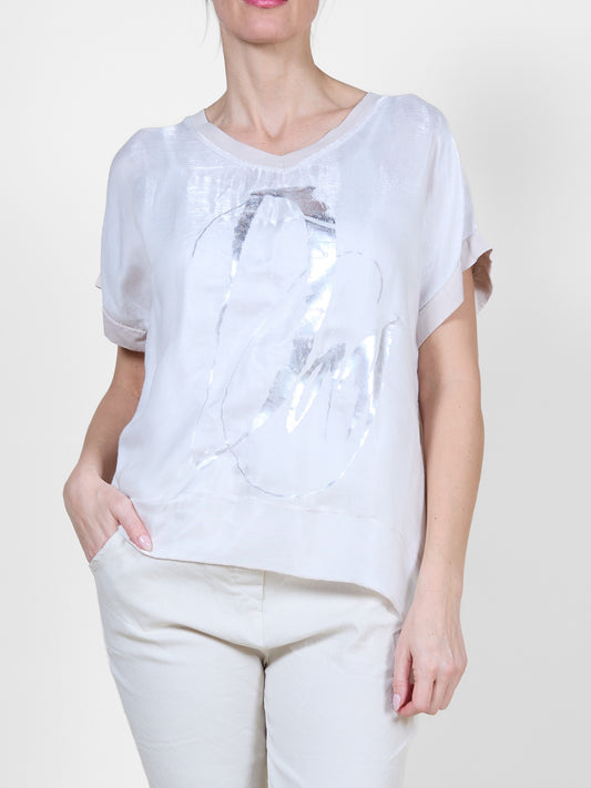 Beige Drop Shoulder Combo Knit Shimmer Top