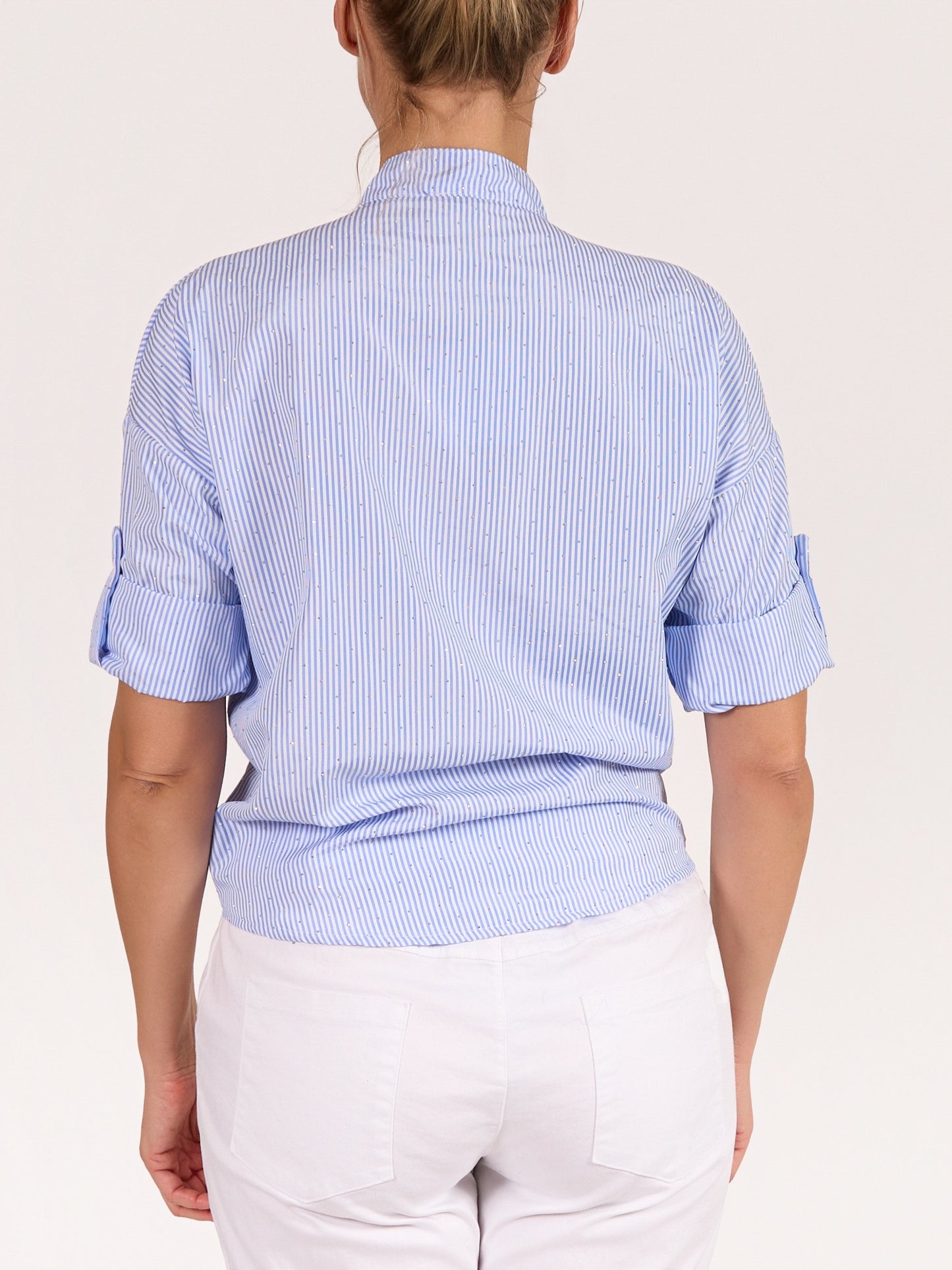 Blue Button Front Mandarin Collar Studded/Stripe Hi Low Shirt