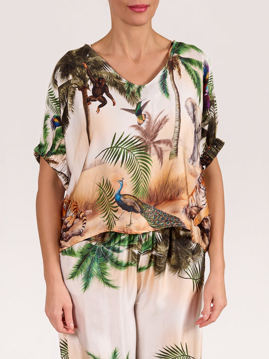 Green Drop Shoulder Satin Jungle Print Top