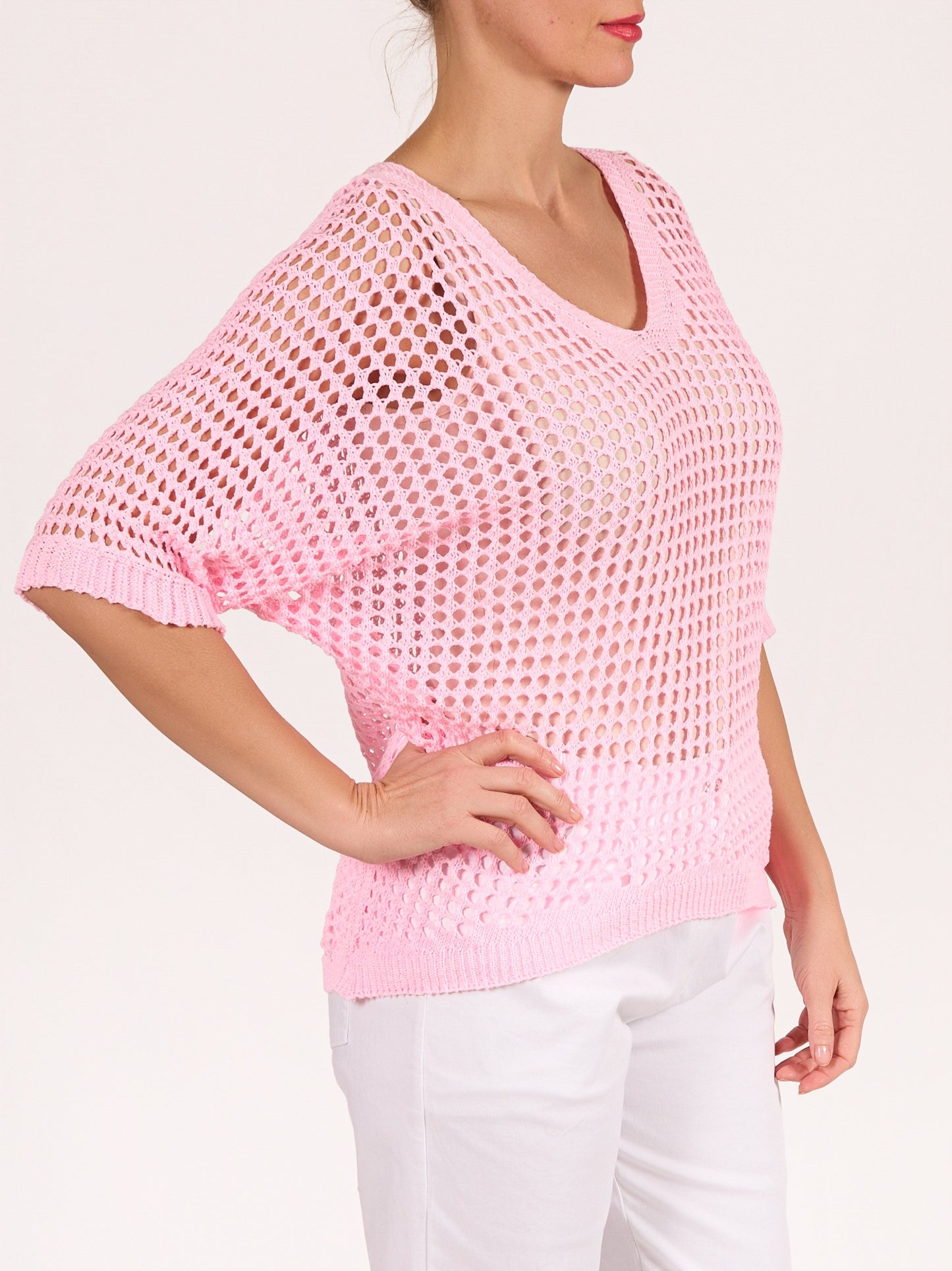 Rose V Neck Drop Shoulder Crochet Sweater