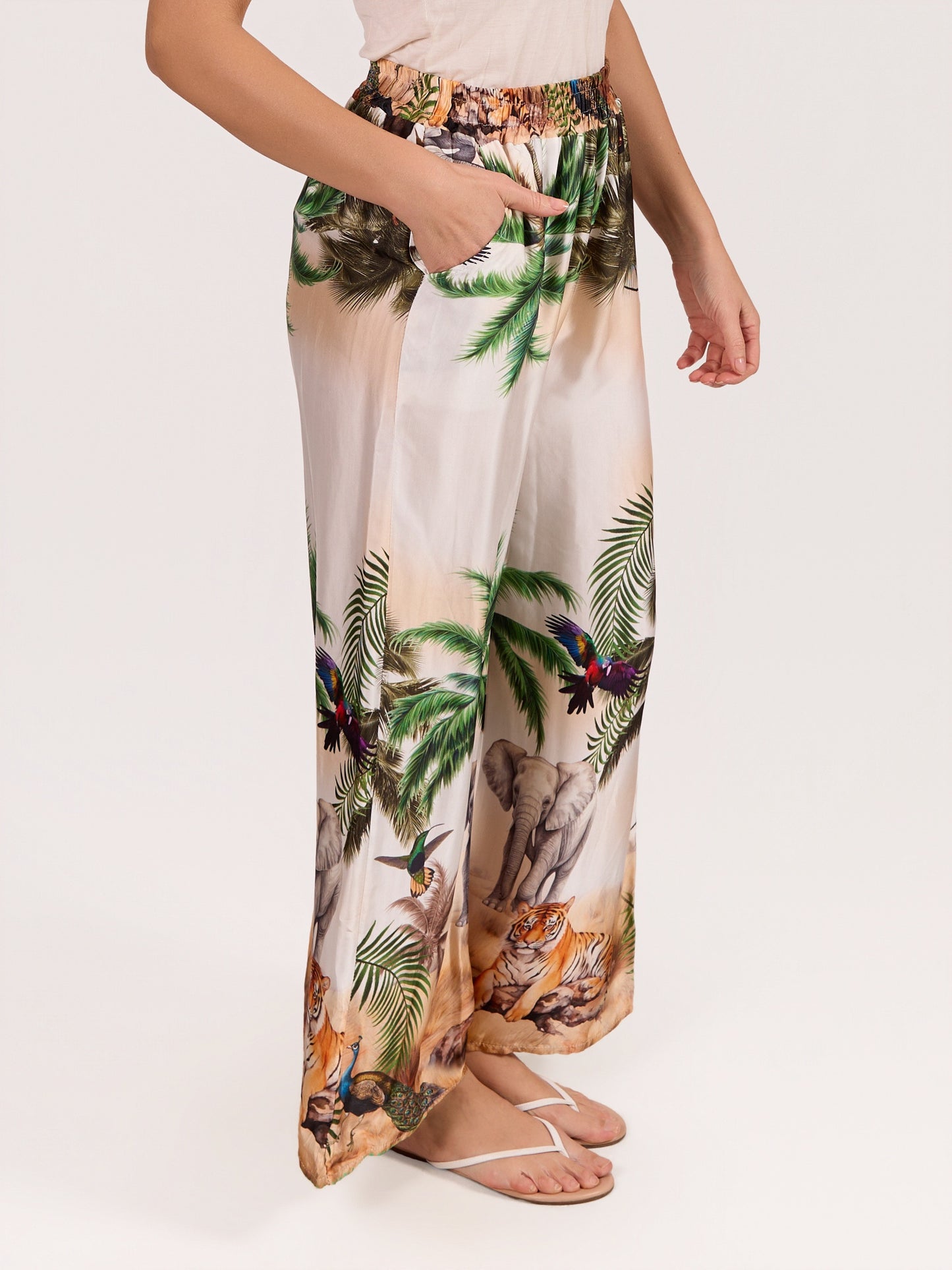 Green Pull On Satin Jungle Print Pant