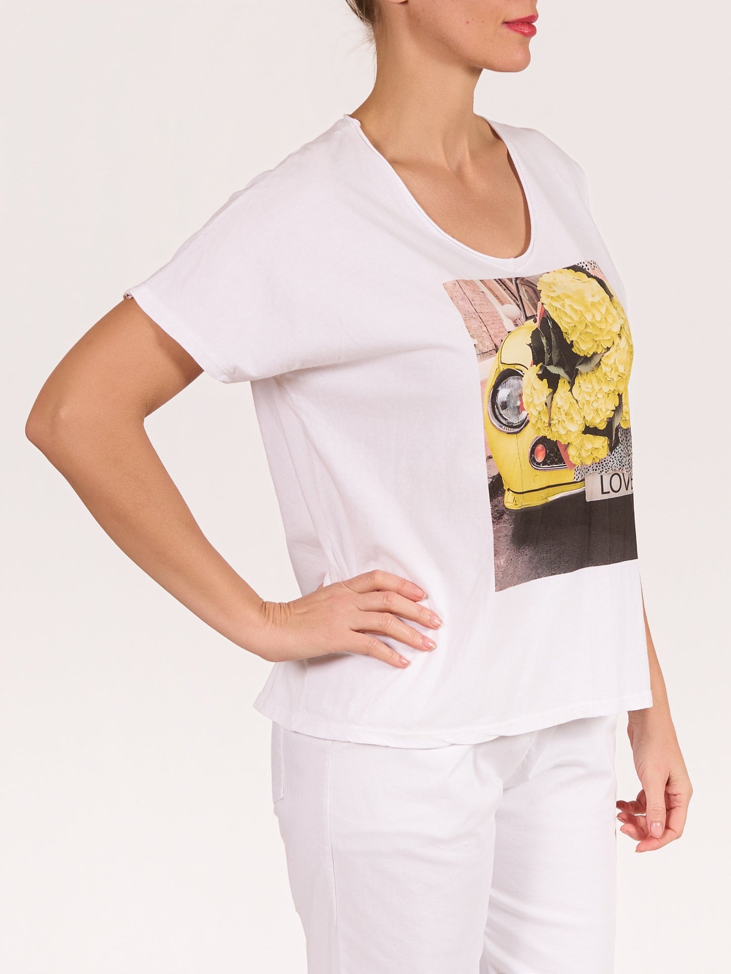 Yellow V Neck Short Sleeve Beatle Floral LOVE TShirt