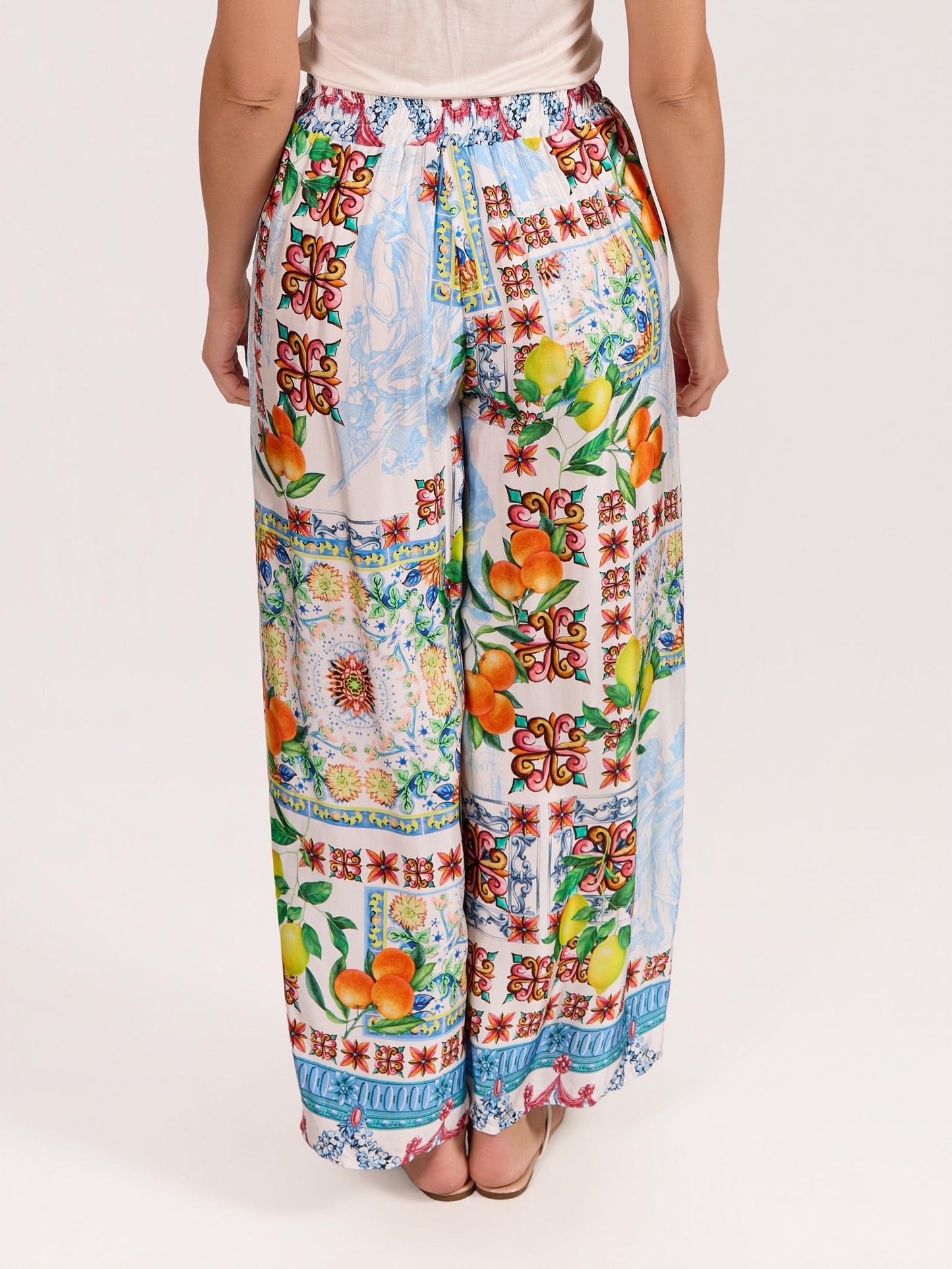 Blue Pull on Satin Oranges & Lemon Print Pant