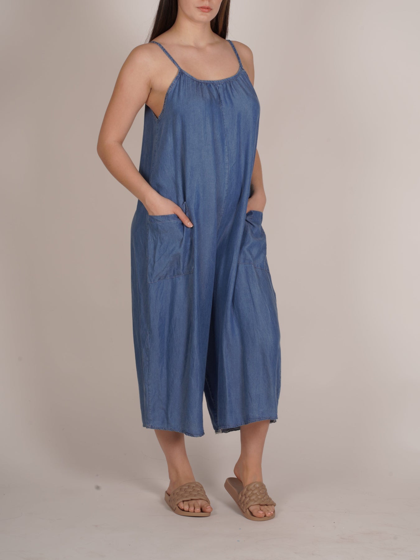 Dark Denim Sleeveless Wide-Leg Jumpsuit with Pockets