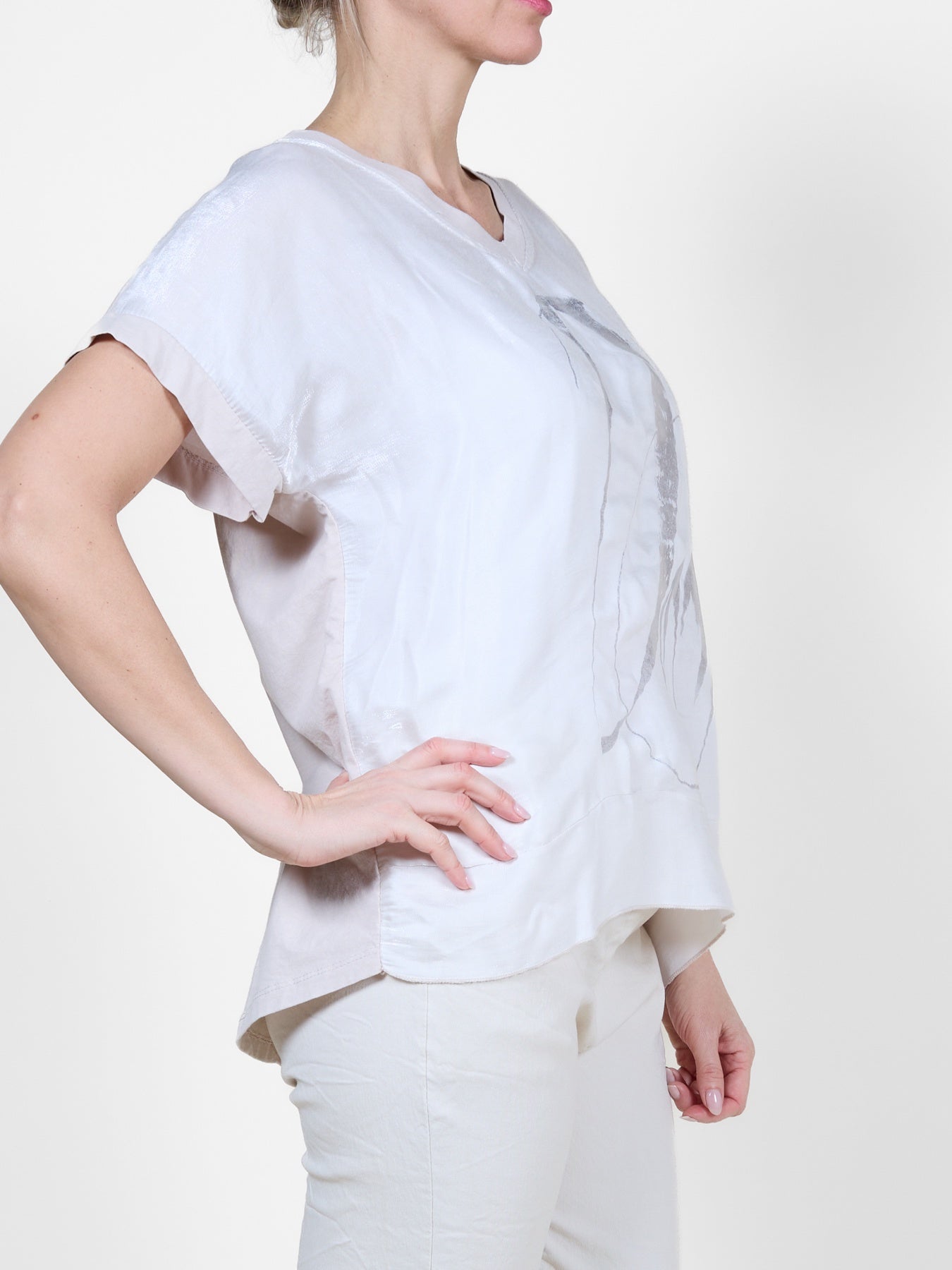 Beige Drop Shoulder Combo Knit Shimmer Top
