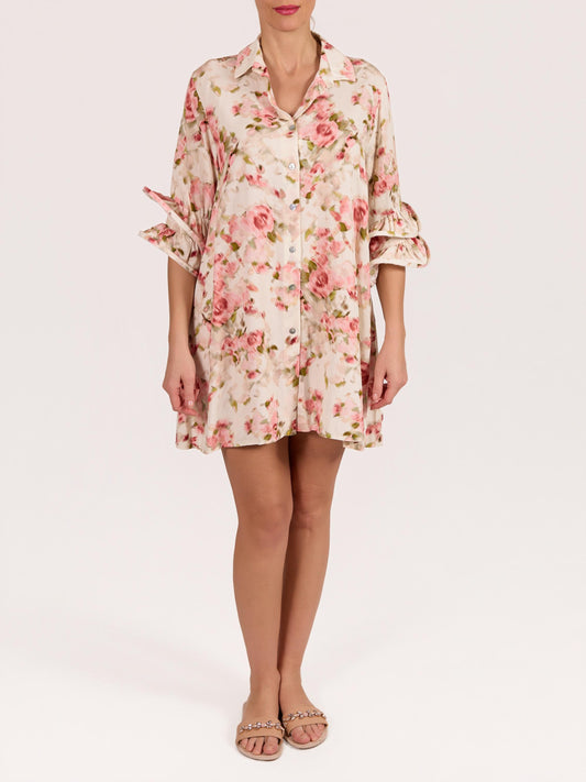 Rose Button Front Novelty Sleeve Floral Print Dress