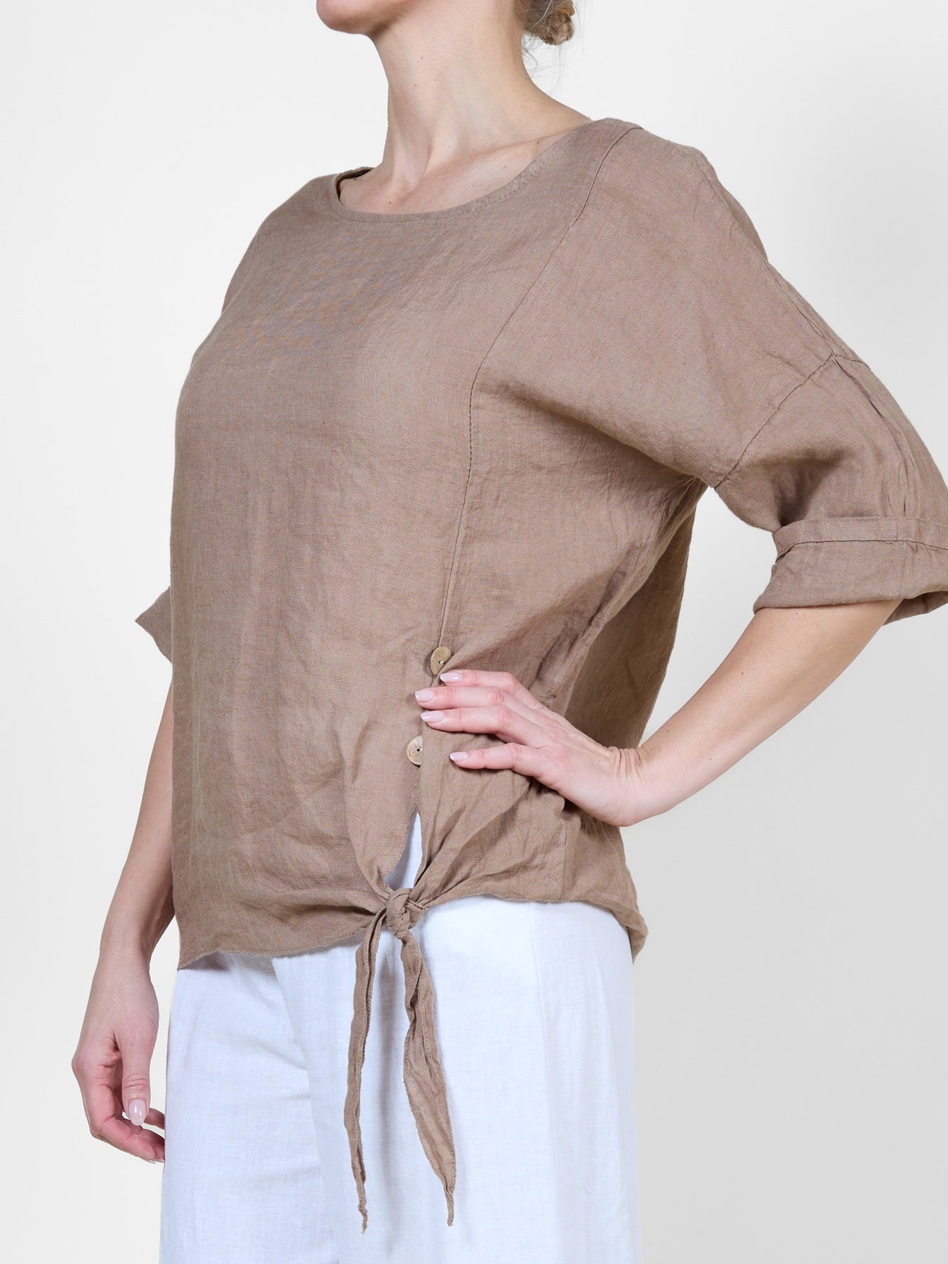 Mocha Mousse Short Sleeve Top with Side Tie Detail