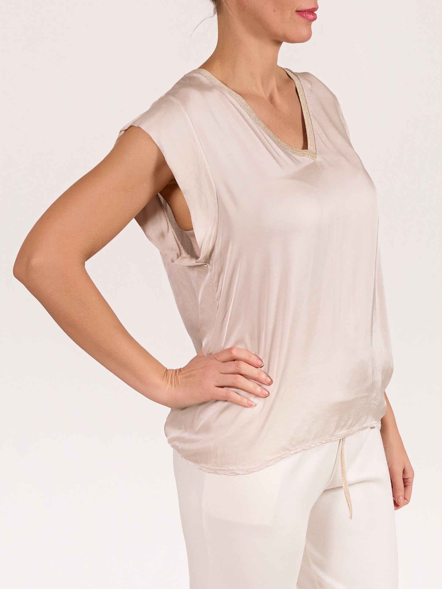 Beige V Neck Lurex Detail Satin Short Sleeve Top