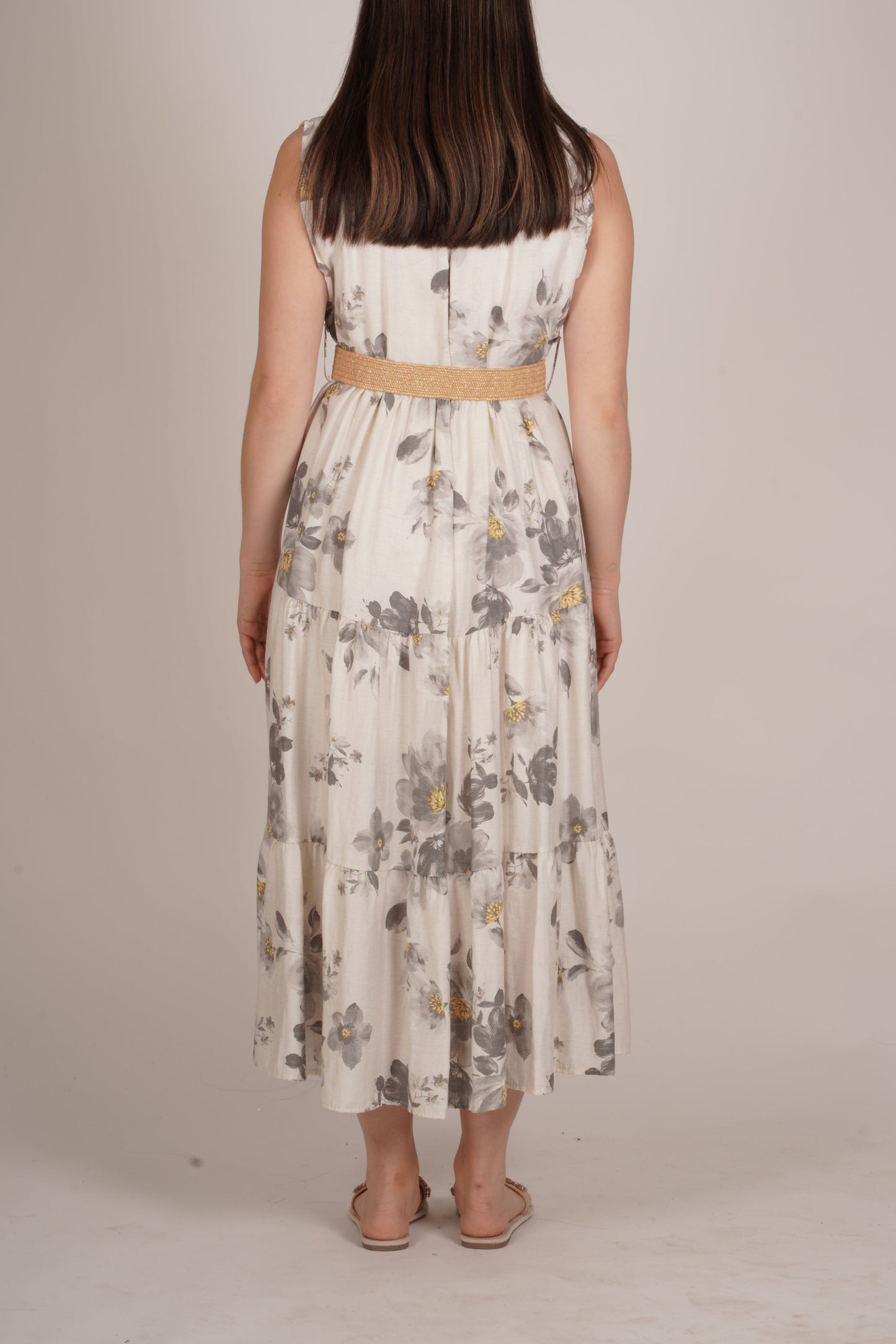 Stone Floral Sleeveless Button-Up Dress with Belt